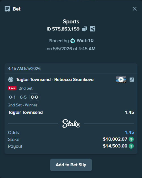 Bet slip: Taylor Townsend - Rebecca Sramkova, $10,002.07 stake at 1.45 odds, placed by WinTr10