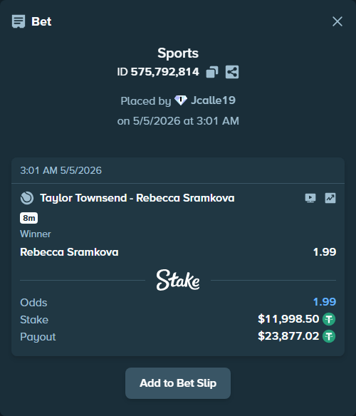 Bet slip: Taylor Townsend - Rebecca Sramkova, $11,998.50 stake at 1.99 odds, placed by Jcalle19