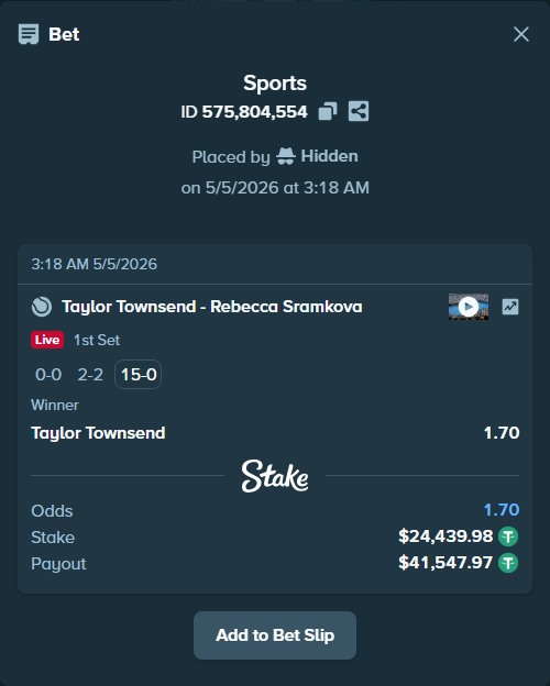 Bet slip: Taylor Townsend - Rebecca Sramkova, $24,439.98 stake at 1.70 odds, placed by Hidden