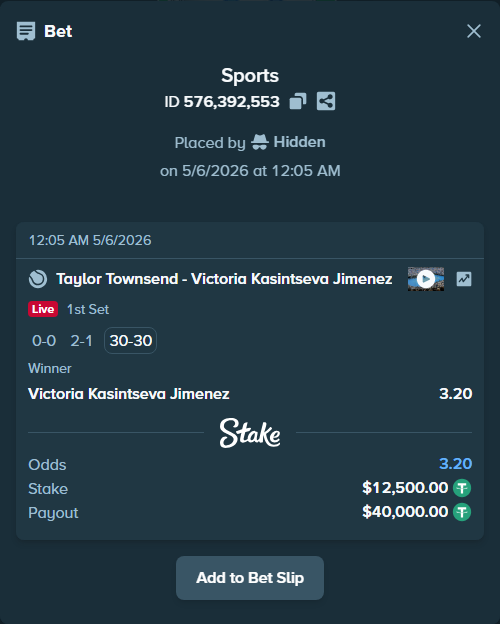 Bet slip: Taylor Townsend - Victoria Kasintseva Jimenez, $12,500.00 stake at 3.20 odds, placed by Hidden