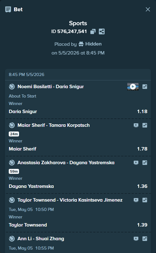 Bet slip: Taylor Townsend - Victoria Kasintseva Jimenez, $22,644.00 stake at 1.39 odds, placed by Hidden