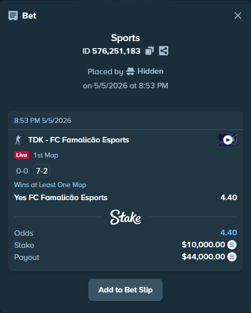Bet slip: TDK - FC Famalicão Esports, $23,580.00 stake at 4.40 odds, placed by Hidden