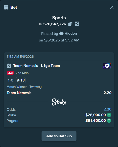 Bet slip: Team Nemesis - L1, $28,000.00 stake at 2.20 odds, placed by Hidden