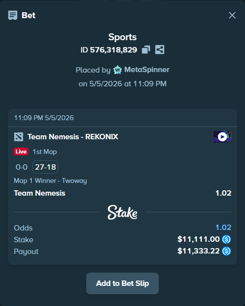 Bet slip: Team Nemesis - REKONIX, $11,111.00 stake at 1.02 odds, placed by MetaSpinner