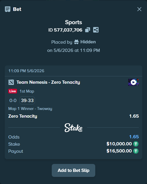 Bet slip: Team Nemesis - Zero Tenacity, $10,000.00 stake at 1.65 odds, placed by Hidden