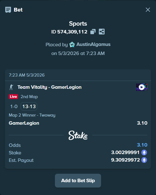 Bet slip: Team Vitality - GamerLegion, $10,510.50 stake at 3.10 odds, placed by AustinAlgamus