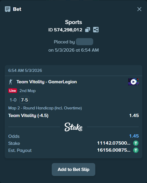 Bet slip: Team Vitality - GamerLegion, $11,142.08 stake at 1.45 odds, placed by Basil67