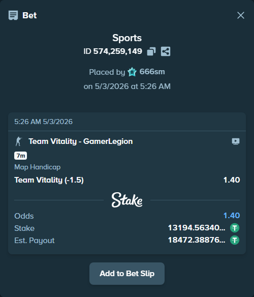 Bet slip: Team Vitality - GamerLegion, $13,194.56 stake at 1.40 odds, placed by 666sm