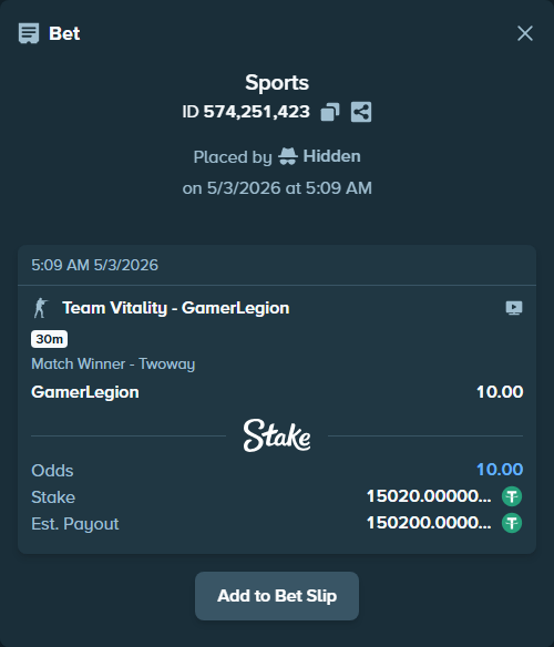 Bet slip: Team Vitality - GamerLegion, $15,020.00 stake at 10.00 odds, placed by Hidden