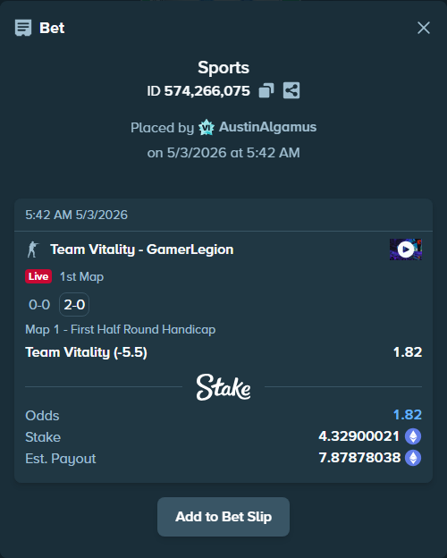 Bet slip: Team Vitality - GamerLegion, $15,151.50 stake at 1.82 odds, placed by AustinAlgamus