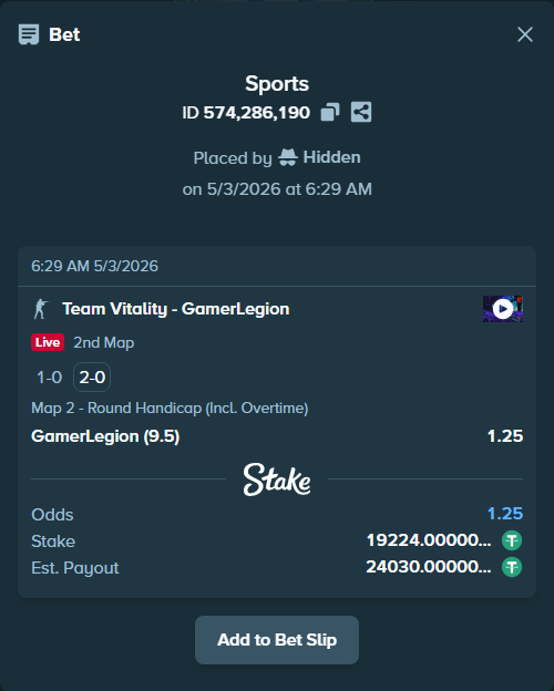 Bet slip: Team Vitality - GamerLegion, $19,224.00 stake at 1.25 odds, placed by Hidden