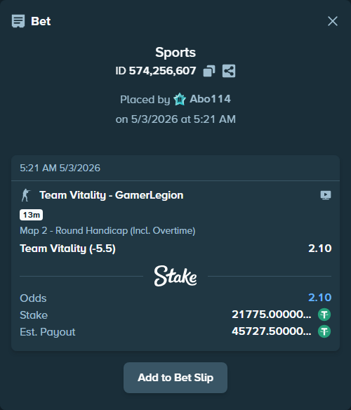 Bet slip: Team Vitality - GamerLegion, $21,775.00 stake at 2.10 odds, placed by Abo114