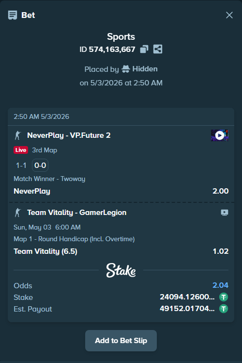 Bet slip: Team Vitality - GamerLegion, $24,094.13 stake at 1.02 odds, placed by Hidden