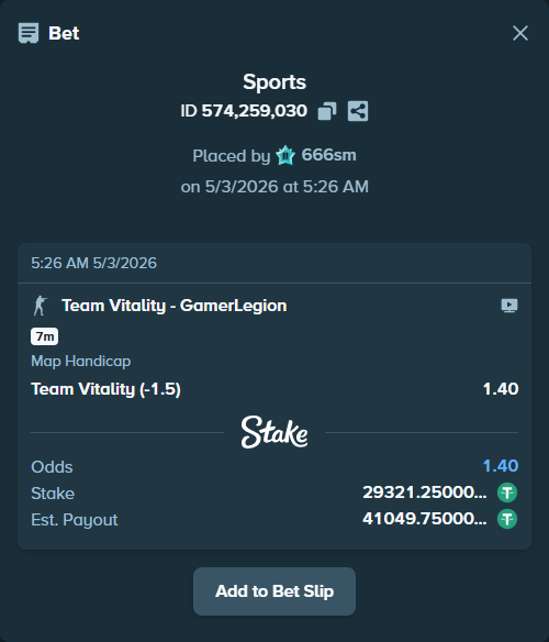 Bet slip: Team Vitality - GamerLegion, $29,321.25 stake at 1.40 odds, placed by 666sm
