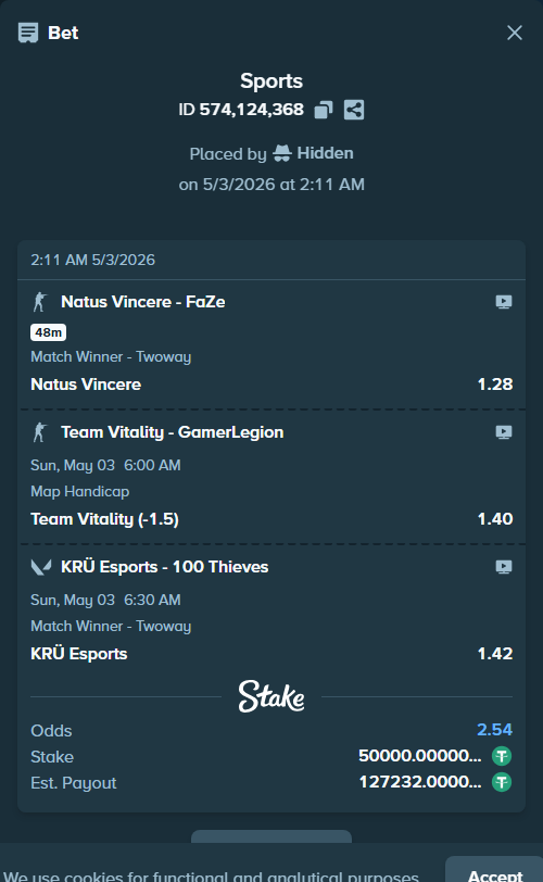 Bet slip: Team Vitality - GamerLegion, $50,000.00 stake at 1.40 odds, placed by Hidden