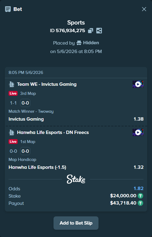 Bet slip: Team WE - Invictus Gaming, $24,000.00 stake at 1.38 odds, placed by Hidden