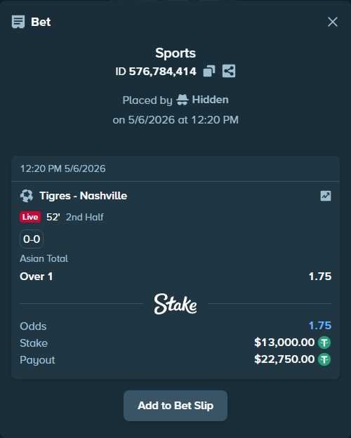 Bet slip: Tigres - Nashville, $13,000.00 stake at 1.75 odds, placed by Hidden