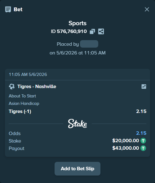 Bet slip: Tigres - Nashville, $20,000.00 stake at 2.15 odds, placed by Agus1033