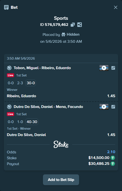 Bet slip: Tobon, Miguel - Ribeiro, Eduardo, $14,500.00 stake at 1.45 odds, placed by Hidden