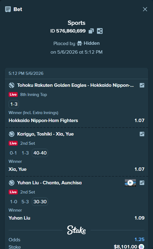Bet slip: Tohoku Rakuten Golden Eagles - Hokkaido Nippon-Ham Fighters, $18,470.28 stake at 1.07 odds, placed by Hidden