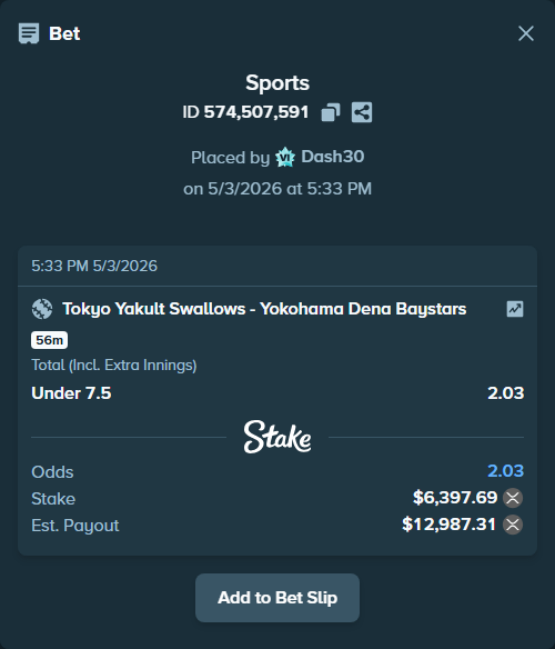 Bet slip: Tokyo Yakult Swallows - Yokohama Dena Baystars, $11,531.83 stake at 2.03 odds, placed by Dash30