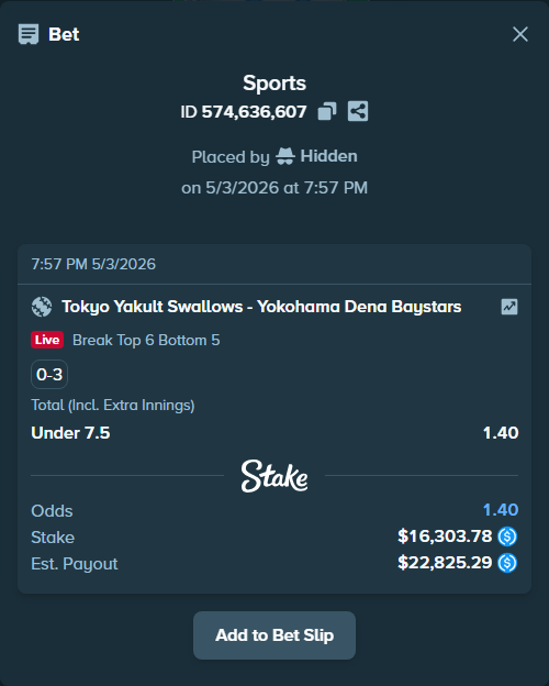 Bet slip: Tokyo Yakult Swallows - Yokohama Dena Baystars, $16,303.78 stake at 1.40 odds, placed by Hidden