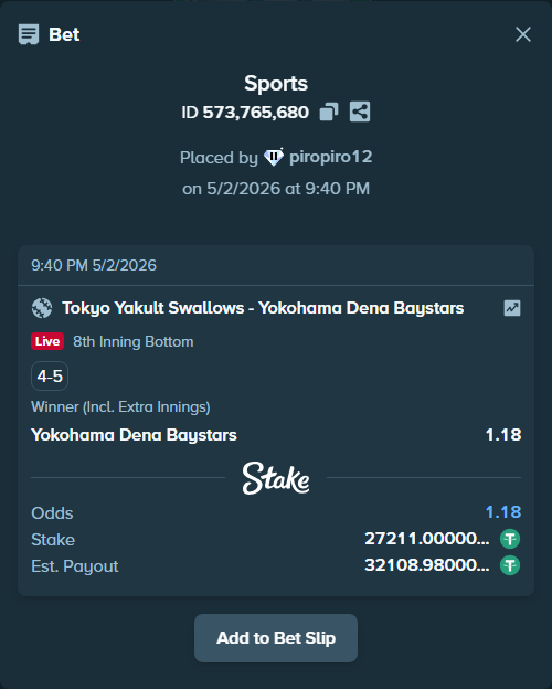 Bet slip: Tokyo Yakult Swallows - Yokohama Dena Baystars, $27,211.00 stake at 1.18 odds, placed by piropiro12