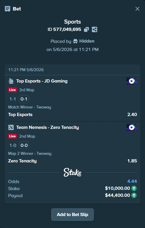 Bet slip: Top Esports - JD Gaming, $10,000.00 stake at 2.40 odds, placed by Hidden