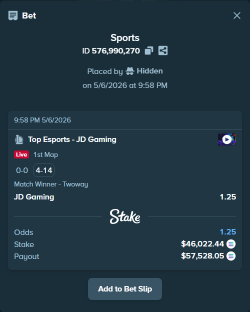Bet slip: Top Esports - JD Gaming, $102,722.08 stake at 1.25 odds, placed by Hidden