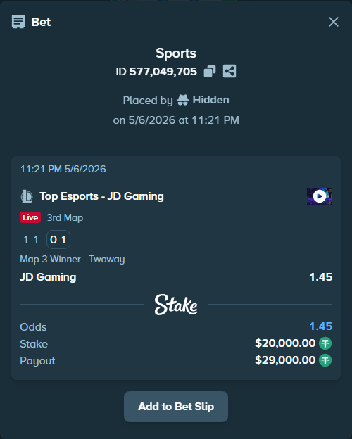 Bet slip: Top Esports - JD Gaming, $20,000.00 stake at 1.45 odds, placed by Hidden