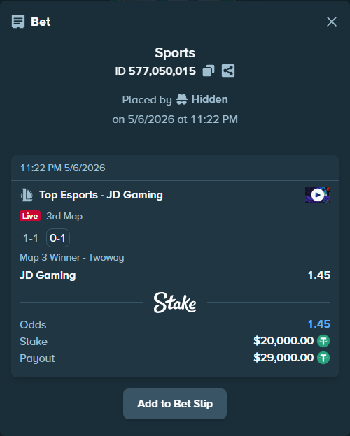 Bet slip: Top Esports - JD Gaming, $20,000.00 stake at 1.45 odds, placed by Hidden