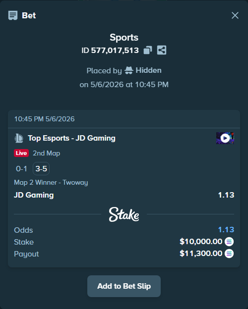 Bet slip: Top Esports - JD Gaming, $22,560.00 stake at 1.13 odds, placed by Hidden