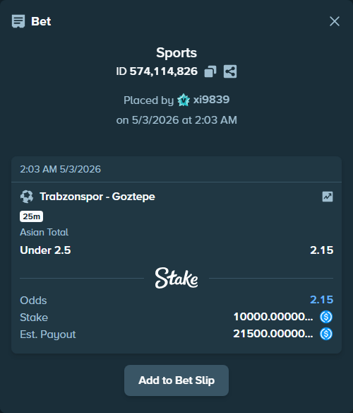 Bet slip: Trabzonspor - Goztepe, $10,000.00 stake at 2.15 odds, placed by xi9839