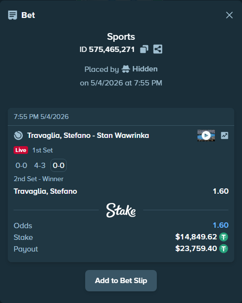 Bet slip: Travaglia, Stefano - Stan Wawrinka, $14,849.62 stake at 1.60 odds, placed by Abo114