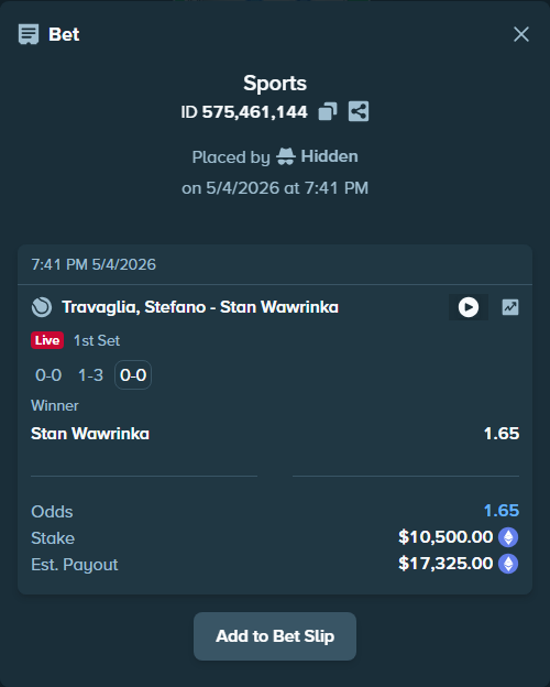 Bet slip: Travaglia, Stefano - Stan Wawrinka, $15,515.85 stake at 1.65 odds, placed by Hidden