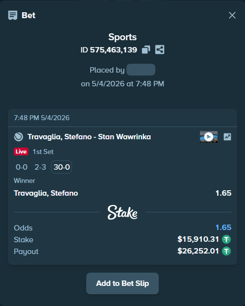 Bet slip: Travaglia, Stefano - Stan Wawrinka, $15,910.31 stake at 1.65 odds, placed by Abo114
