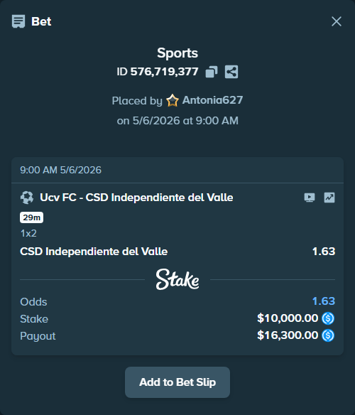 Bet slip: UCV FC - CSD Independiente del Valle, $10,000.00 stake at 1.63 odds, placed by Antonia627
