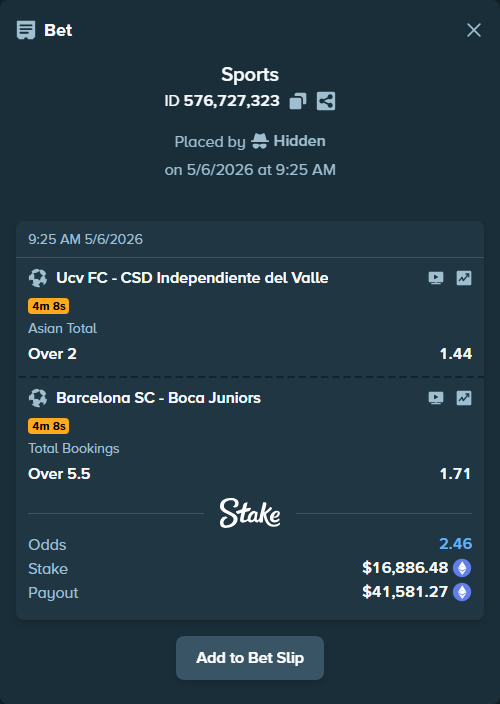 Bet slip: UCV FC - CSD Independiente del Valle, $25,095.00 stake at 1.44 odds, placed by Hidden