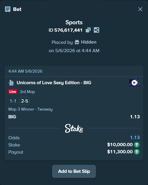 Bet slip: Unicorns of Love Sexy Edition - BIG, $10,000.00 stake at 1.13 odds, placed by Hidden