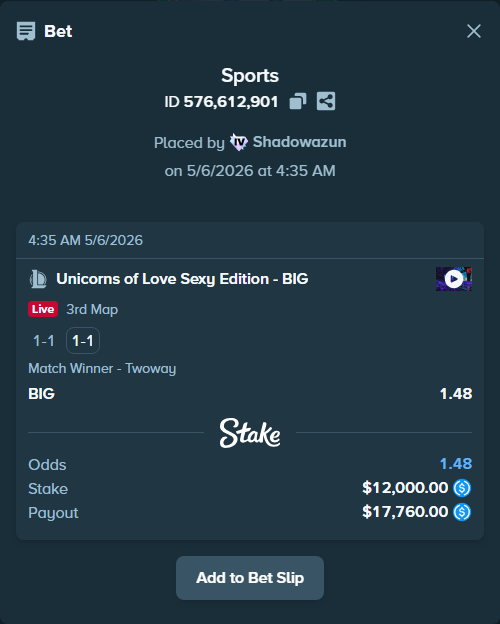 Bet slip: Unicorns of Love Sexy Edition - BIG, $12,000.00 stake at 1.48 odds, placed by Shadowazun