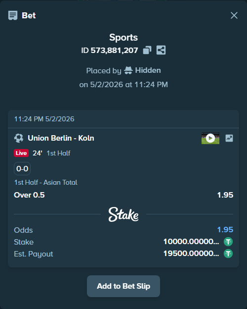 Bet slip: Union Berlin - Koln, $10,000.00 stake at 1.95 odds, placed by Hidden