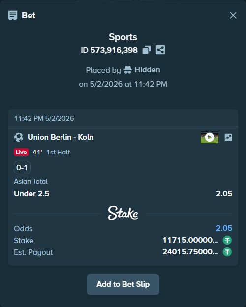 Bet slip: Union Berlin - Koln, $11,715.00 stake at 2.05 odds, placed by Hidden