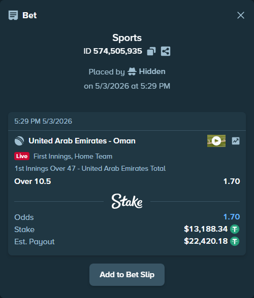 Bet slip: United Arab Emirates - Oman, $13,188.34 stake at 1.70 odds, placed by Hidden