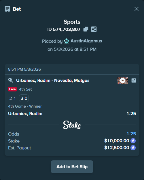 Bet slip: Urbaniec, Radim - Navedla, Matyas, $15,120.00 stake at 1.25 odds, placed by AustinAlgamus