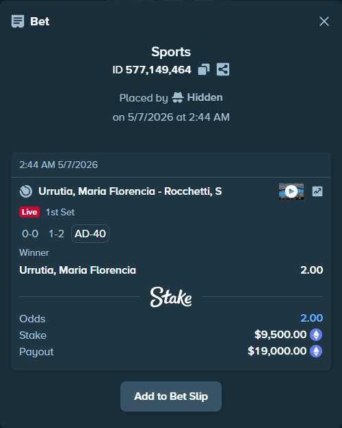 Bet slip: Urrutia, Maria Florencia - Rocchetti, S, $14,098.00 stake at 2.00 odds, placed by Hidden