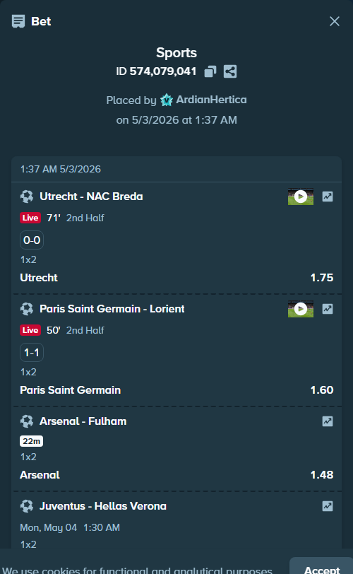 Bet slip: Utrecht - NAC Breda, $15,000.00 stake at 1.75 odds, placed by ArdianHertica