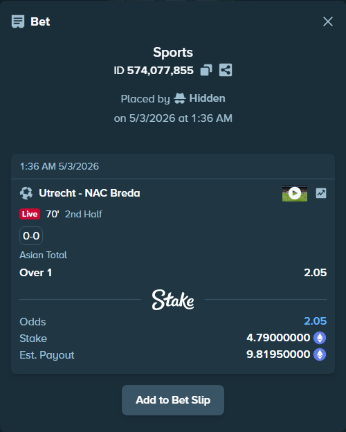 Bet slip: Utrecht - NAC Breda, $16,765.00 stake at 2.05 odds, placed by Hidden