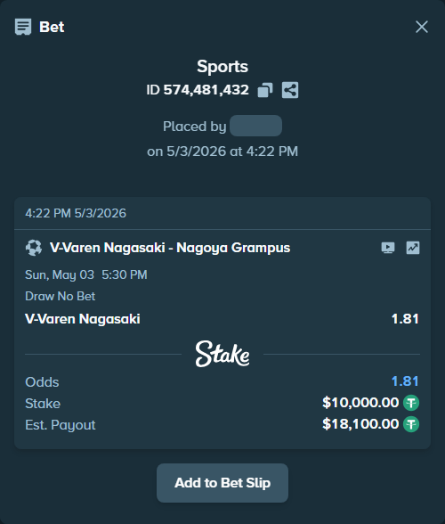 Bet slip: V-Varen Nagasaki - Nagoya Grampus, $10,000.00 stake at 1.81 odds, placed by Bastalot75