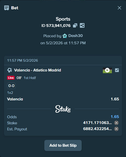 Bet slip: Valencia - Atletico Madrid, $10,427.93 stake at 1.65 odds, placed by Dash30