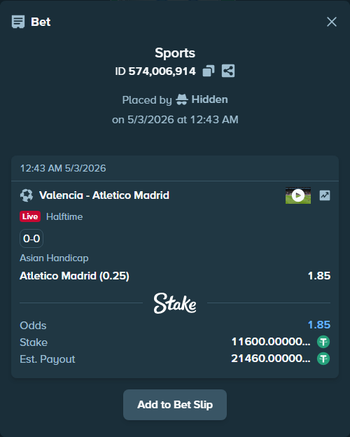 Bet slip: Valencia - Atletico Madrid, $11,600.00 stake at 1.85 odds, placed by Hidden